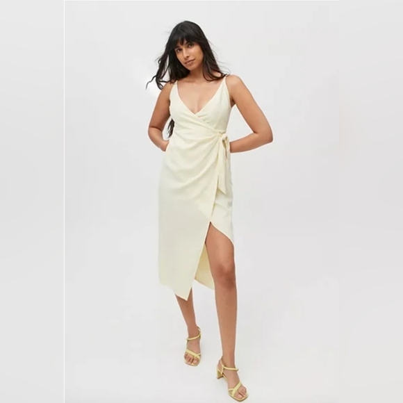 Urban Outfitters Flashing Lights Linen Cream Wrap Surplice Midi Dress Lg - Picture 1 of 10